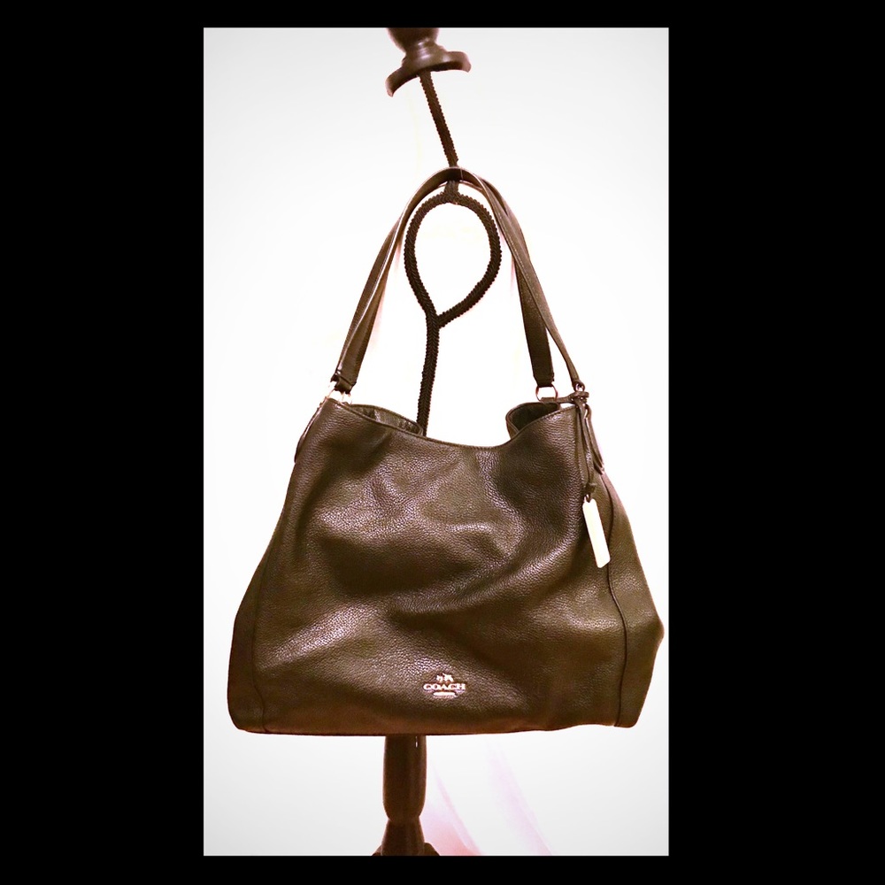 Black Leather Coach Shoulder Bag with Gold Accents